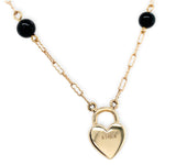 14k Gold Necklace w/ Black Enamel Heart Shape Lock Pendant Onyx Beads (#J7572)