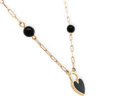 14k Gold Necklace w/ Black Enamel Heart Shape Lock Pendant Onyx Beads (#J7572)