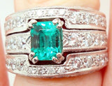 Heavy Platinum Fine Genuine Natural Emerald and Diamond Ring (#J2813)