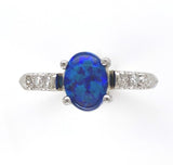 Platinum Australian Genuine Natural Black Opal and Diamond Ring Size 6.5 #J6546