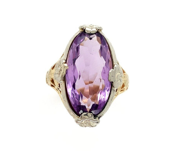 10k Yellow and White Gold Filigree Genuine Natural Amethyst Ring Flowers #J6346
