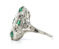 18k 3-Stone Diamond Filigree Ring with Synthetic Lab-Created Emeralds (#J5827)