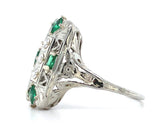 18k 3-Stone Diamond Filigree Ring with Synthetic Lab-Created Emeralds (#J5827)