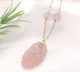 14k Yellow Gold Art Deco Carved Genuine Natural Rose Quartz Necklace (#J7180)