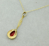 10k Yellow Gold Lavaliere Pendant with Red Glass Engraved Frame (#J4765)