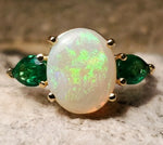 18k Yellow Gold 1.76ct Genuine Natural Opal and Emerald Ring Jewelry (#J5629)