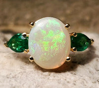 18k Yellow Gold 1.76ct Genuine Natural Opal and Emerald Ring Jewelry (#J5629)