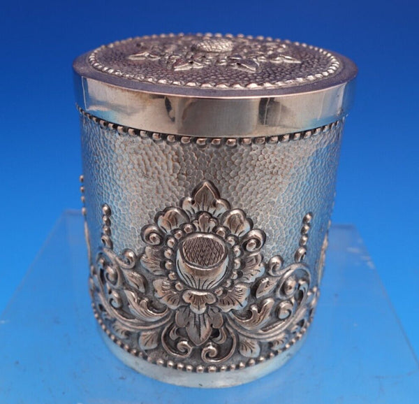 800 Silver Tea Caddy with Foliage and Scroll 3 3/8" x 2 7/8" Yogya (#8176)