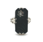 14k White Gold Art Deco Genuine Natural Black Onyx Ring w/Carved Flower (#J5413)
