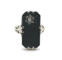 14k White Gold Art Deco Genuine Natural Black Onyx Ring w/Carved Flower (#J5413)