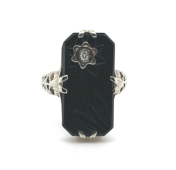14k White Gold Art Deco Genuine Natural Black Onyx Ring w/Carved Flower (#J5413)
