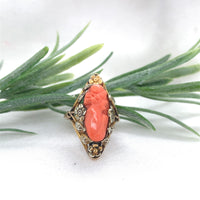 14k Gold Arts and Crafts Genuine Coral Cameo Ring Handwrought Flowers (#J7335)