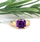 14k Yellow Gold 1.90 Carat Cushion Cut Genuine Natural Amethyst Ring (#J7414)