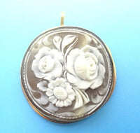 14k Yellow Gold Floral Genuine Natural Shell Cameo Pin Pendant (#J643)