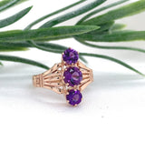 10k Rose Gold Victorian Genuine Natural Amethyst Three Stone Ring Size 5 #J7467