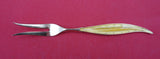 Norwegian Sterling Silver Pickle Fork vermeil feathered enameled yellow 5 1/4"