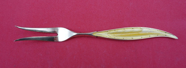 Norwegian Sterling Silver Pickle Fork vermeil feathered enameled yellow 5 1/4"