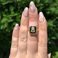 14k Yellow Gold Floral Filigree Genuine Natural Black Onyx Ring w/Emblem #J6777