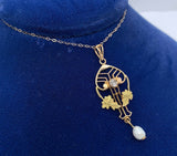 10k Yellow Gold Victorian Diamond Lavaliere Pendant with Leaves (#J5545)