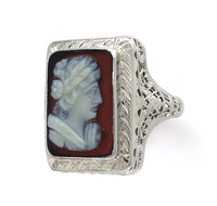 18k White Gold Filigree Genuine Natural Hard Stone Agate Cameo Ring (#J6215)