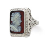 18k White Gold Filigree Genuine Natural Hard Stone Agate Cameo Ring (#J6215)