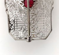 14k White Gold Art Deco Genuine Natural Ruby Filigree Pin Pendant (#J5601)