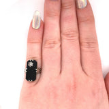 14k White Gold Art Deco Genuine Natural Black Onyx Ring w/Carved Flower (#J5413)