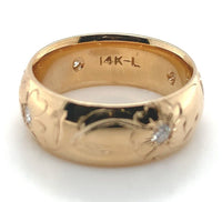 14k Gold Hand Engraved Wide Genuine Natural Diamond Wedding Band Size 5 (#J6915)