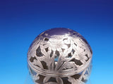 Art Nouveau Silver Overlay Glass Inkwell Chrysanthemum Floral 3 1/2" (#9225)