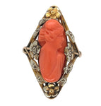 14k Gold Arts and Crafts Genuine Coral Cameo Ring Handwrought Flowers (#J7335)