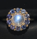 14k Yellow Gold Genuine Natural Moonstone and Sapphire Ring Size 6.25 (#J7618)