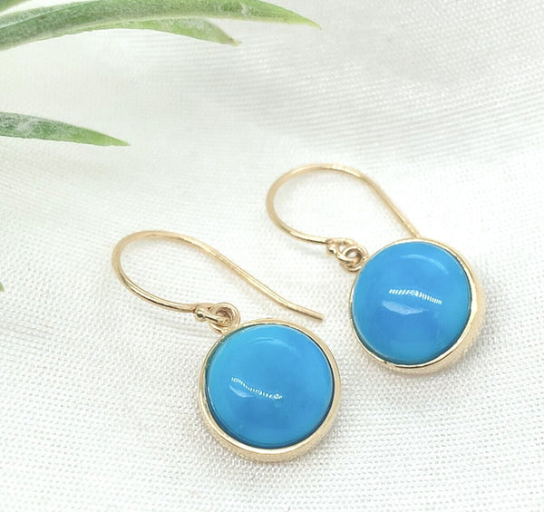 14k Gold 7.18 Carat TW Ithaca Peak Blue Genuine Turquoise Drop Earrings (#J7139)
