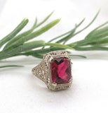 14k White Gold 4 Carat Genuine Natural Rubellite Filigree Ring 7.25 (#J7553)