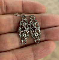 14k White Gold Genuine Natural Ruby Filigree Leaf Dangle Earrings (#J5277)