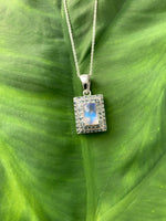14k White Gold Rainbow Genuine Natural Moonstone Teal Sapphire Pendant (#J6260)