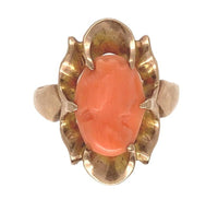 10k Yellow Gold Genuine Natural Coral Cameo Ring Size 6 Jewelry (#J7062)