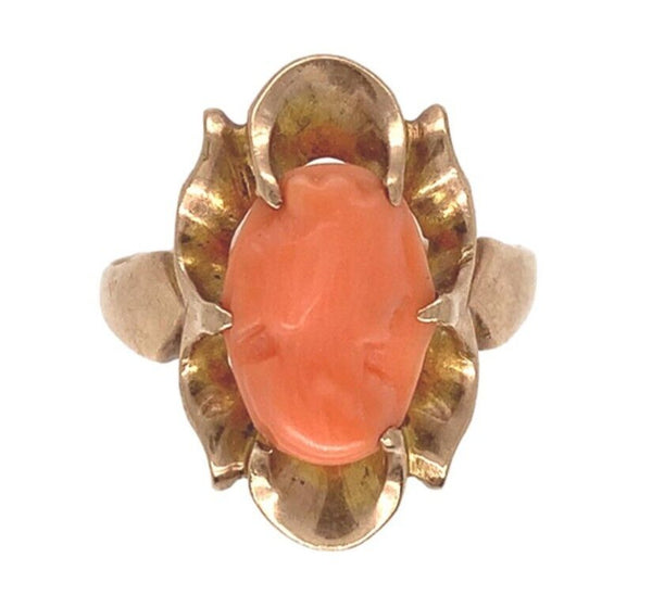 10k Yellow Gold Genuine Natural Coral Cameo Ring Size 6 Jewelry (#J7062)