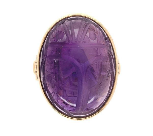 13k Yellow Gold European Carved Amethyst Scarab Ring Size 6.5 Jewelry (#J6271)