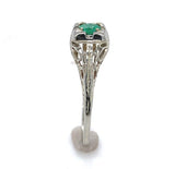 Art Deco 14k White Gold Filigree Ring with .18ct Genuine Natural Emerald #J6408