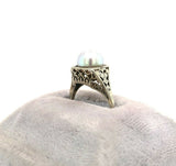 18k White Gold Art Deco 8mm Pearl Filigree Ring (#J5450)