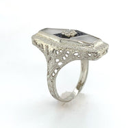10k Gold Filigree Genuine Natural Rock Crystal Quartz and Onyx Ring (#J6358)