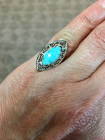 14k White Gold Art Deco Genuine Natural Turquoise Filigree Ring (#J5217)