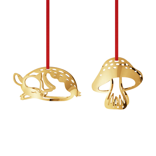 2023 Georg Jensen Christmas Holiday Ornament Gold 18Kt Deer & Mushroom Set - New