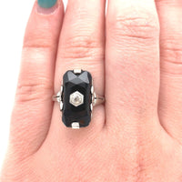 18k White Gold Faceted Genuine Natural Black Onyx Ring with Diamond (#J5823)