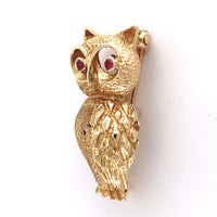 14k Yellow Gold Owl Pin with Genuine Natural Ruby Eyes 1" x 1/2" (#J6014)