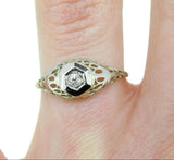Art Deco 14k White Gold Genuine Natural Diamond Filigree Ring .05ct (#J3294)