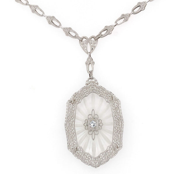 14k White Gold Filigree Genuine Natural Rock Crystal Diamond Necklace (#J6502)