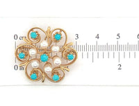 14k Yellow Gold Turquoise and Pearl Flower Brooch Pin 1 1/8" Jewelry (#J6694)