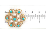 14k Yellow Gold Turquoise and Pearl Flower Brooch Pin 1 1/8" Jewelry (#J6694)