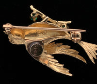 14k Yellow Gold Pin of Bird on a Branch with Genuine Natural Chalcedony (#J6013)